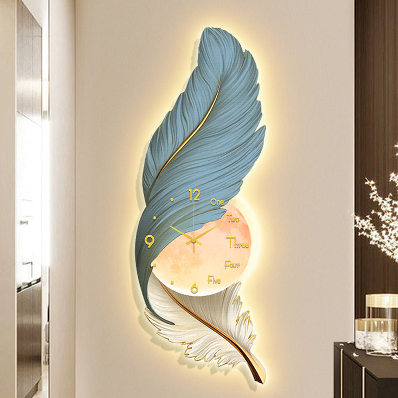 Modern Light Luxury Feather Living Room Decorative Painting Clock LED Lamp Painting Bedside Porch Carved Decorative Mural Wholesale