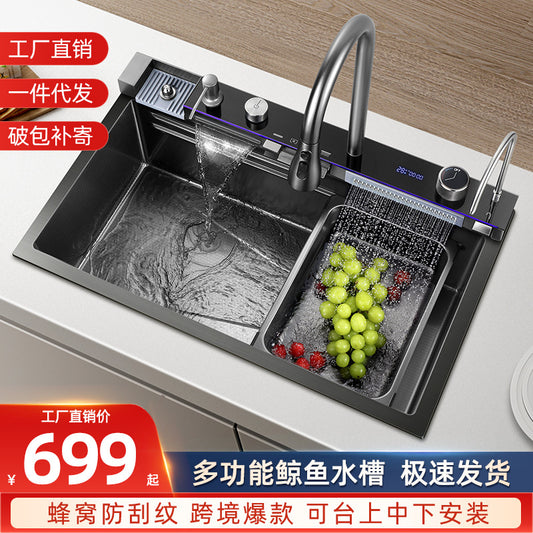 Whale Sink Kitchen Vegetable Sink Thickened 304 Stainless Steel Large Single Sink Flying Rain Waterfall Sink Multi-function