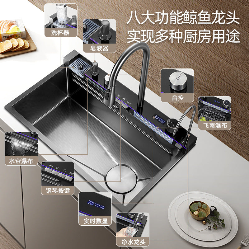 Whale Sink Kitchen Vegetable Sink Thickened 304 Stainless Steel Large Single Sink Flying Rain Waterfall Sink Multi-function