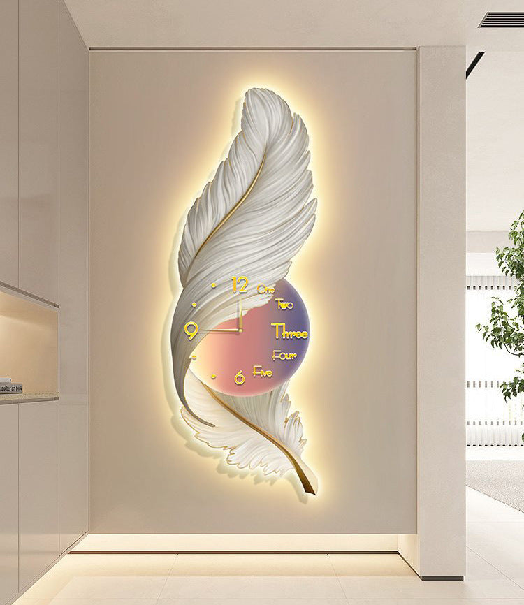 Modern Light Luxury Feather Living Room Decorative Painting Clock LED Lamp Painting Bedside Porch Carved Decorative Mural Wholesale